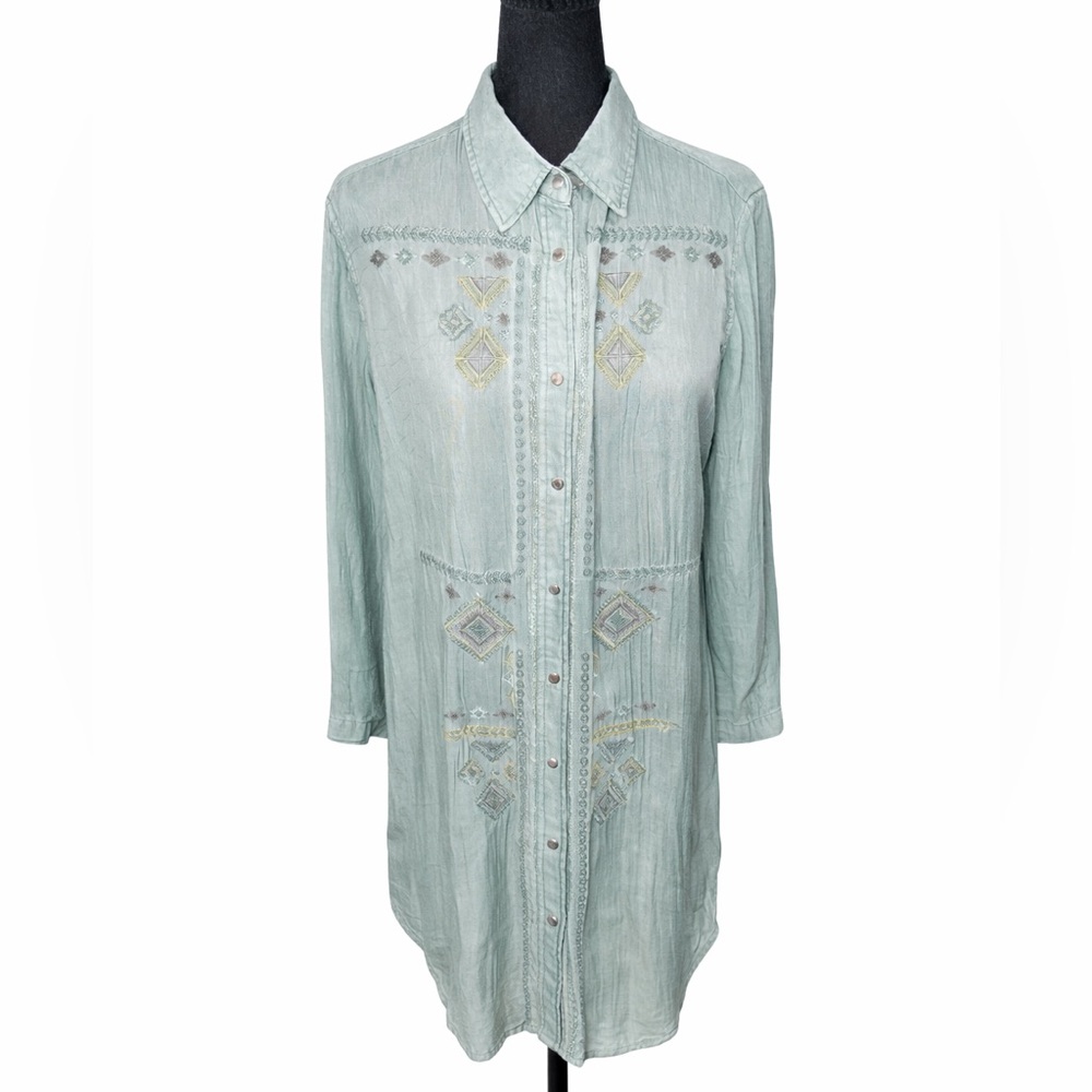 Ryan Michael Women's Embroidered‎ Snap Button Down Shirt Sheer Cupro- Large